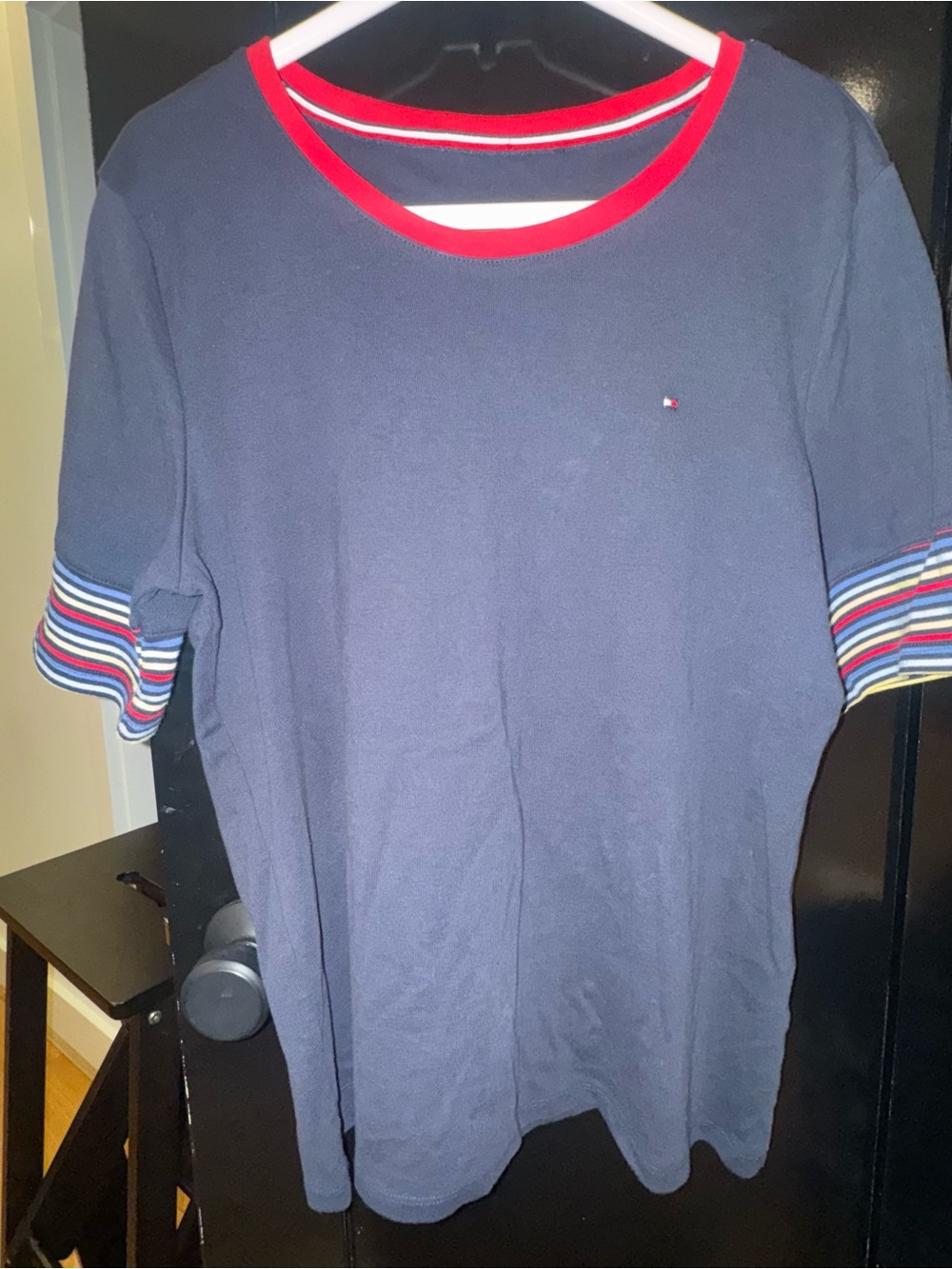 Tommy Hilfiger Navy Tee with Red Neckline and Multicolor Striped Cuffs
